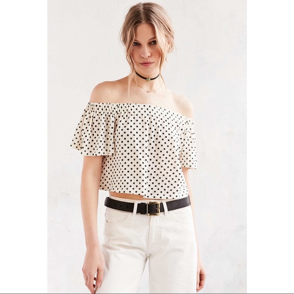 white polka dot off the shoulder top